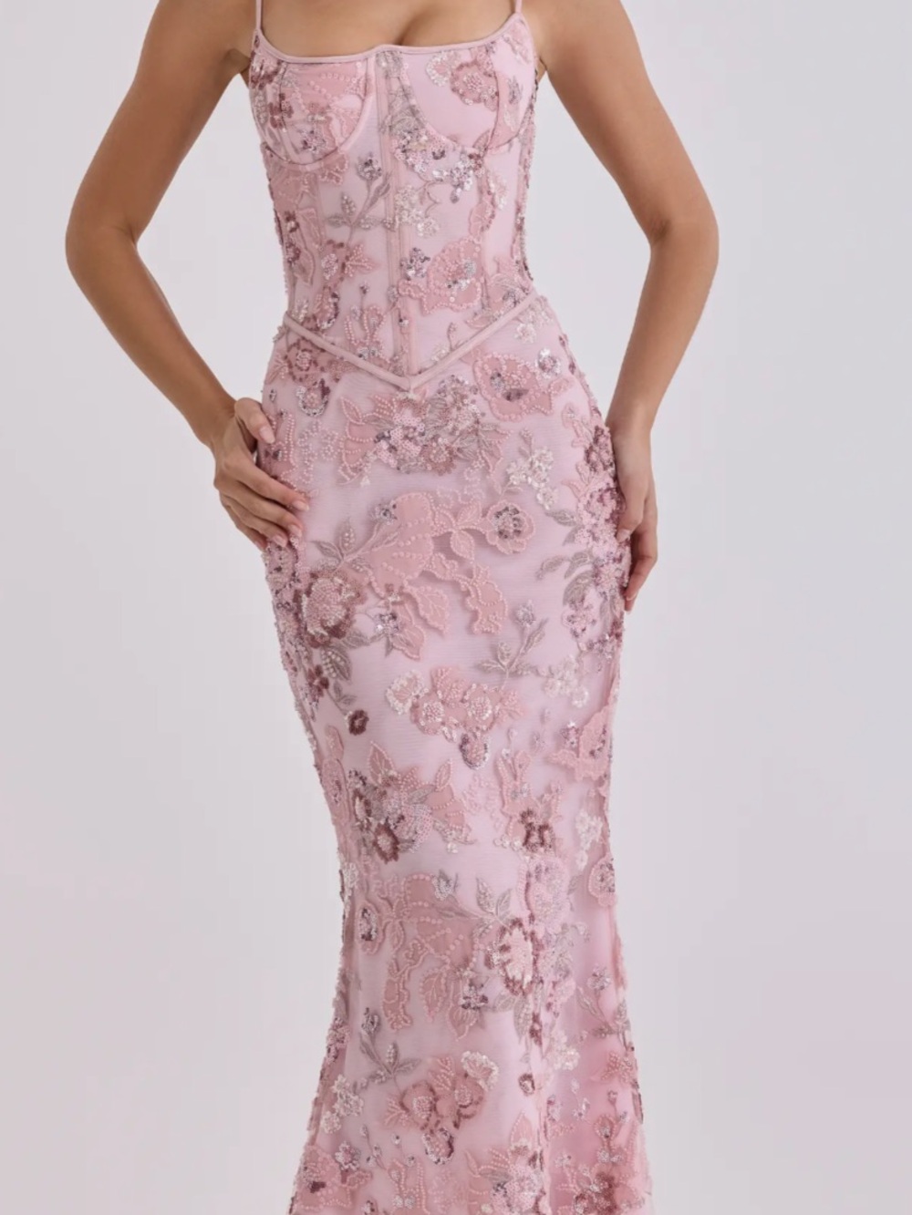 House of CB Blush Pink Embroidered Lace Gown